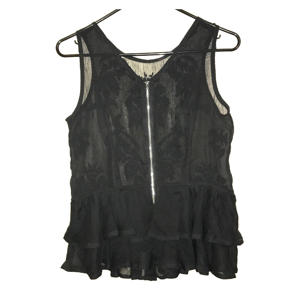 GUESS Sheer Ruffle Lace Zip Back Top XS - Picture 2 of 4